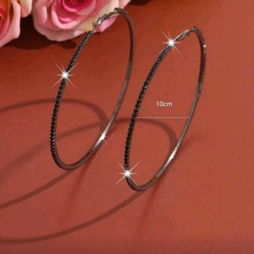 Large Black Rhinestone Hoop Earrings - Picture 3 of 6